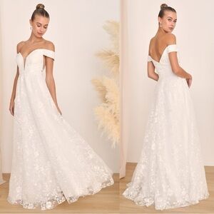 Sz S - NWT‎ Lulus Fairytale Love Story White Lace Off-the-Shoulder Maxi Dress